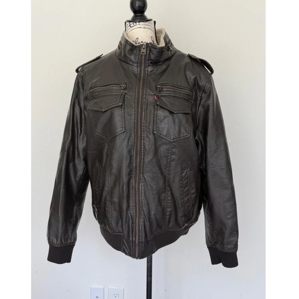 Levis Mens Faux Leather Sherpa Lined Bomber Jacket‎ Dark Brown Military Large